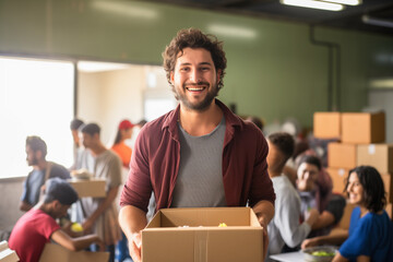 Portrait of male volunteer with charity box and international group of people at distribution center.