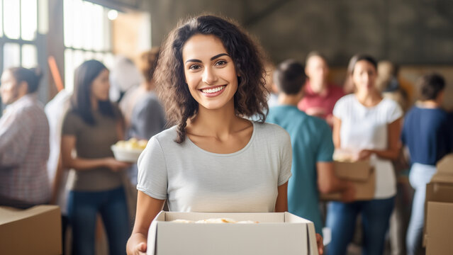 Portrait of woman with charity box and group of volunteers at assistance center. Charity, donation, and volunteering concept.