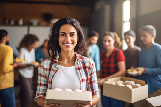 Portrait of woman with charity box and group of volunteers at assistance center. Charity, donation, and volunteering concept.