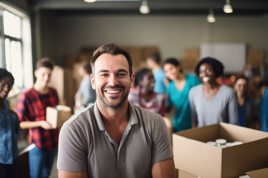 Portrait of male volunteer with charity box and international group of people at distribution center.