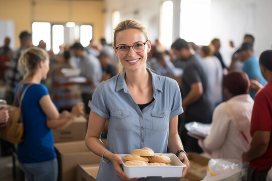 Portrait of woman with charity box and group of volunteers at assistance center. Charity, donation, and volunteering concept.