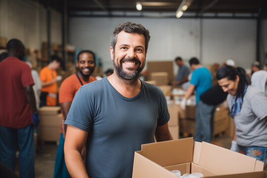 Portrait of male volunteer with charity box and international group of people at distribution center.
