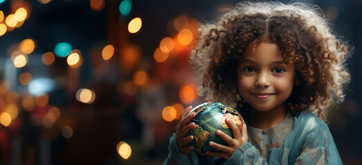 A small girl hugs a replica of the planet Earth. World Children's Day concept. Generative Ai. - obrazy, fototapety, plakaty