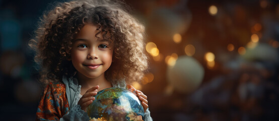 Naklejka premium A small girl hugs a replica of the planet Earth.&nbsp;World Children's Day&nbsp;concept. Generative Ai.