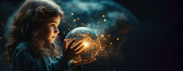 A small girl hugs a replica of the planet Earth. World Children's Day concept. Generative Ai.