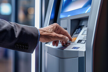 A man withdraws money from an ATM, hands close-up. - obrazy, fototapety, plakaty