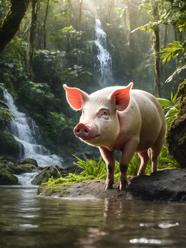 Pigs and nature on the waterfall