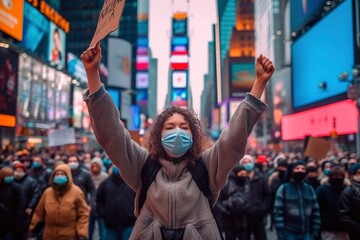 In the heart of the demonstration, a single man in a mask raises his hands, an act that speaks volumes about protest.
