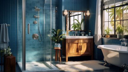 an eclectic bathroom with a glass shower stall and a wooden vanity and blue tile accents - obrazy, fototapety, plakaty