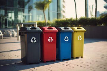 collection of recycling containers in yellow, green, blue and red