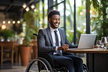 Focused black disabled man in wheelchair working with documents, using laptop at home office. Handicapped Afro man sitting at desk with computer, checking financial reports.