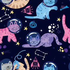 Kids cute seamless pattern with cat in space. Space background. print for T-shirts, textiles, wrapping paper, web.   © SokolArtStudio