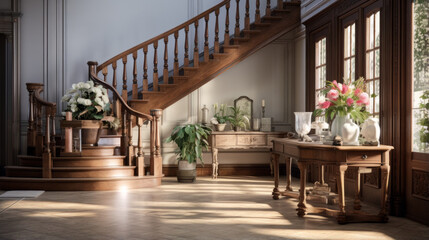 an eclectic entryway with a grand wooden staircase and a console table with a vase of flowers