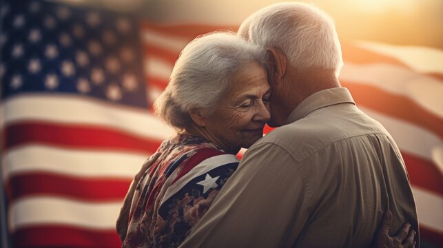 An elderly couple embracing in front of an america flag, AI
