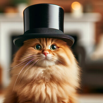 chat caramel poilu avec un chapeau haut de forme noir