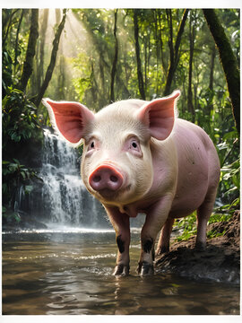 Pigs and nature on the waterfall