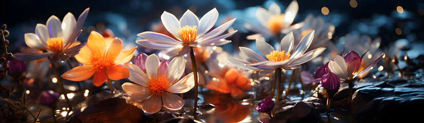 Bright Flowers Growing In Water. Illustration On The Theme Of Vegetation And Nature, Ecology And Climate. Generative AI
