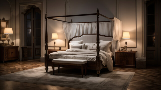 an elegant bedroom with a four-poster bed and two nightstands and a chaise lounge