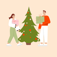 People celebrate Christmas and New Year. Boy and girl give each other gifts. Christmas card with flat characters. Winter holidays celebration concept. Preparing to holidays. 