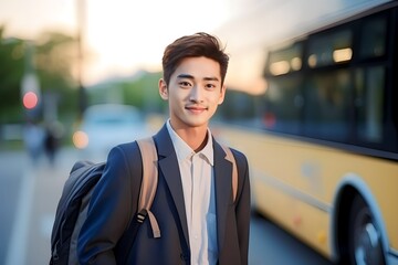 Portrait of asian young man going to work by bus at morning