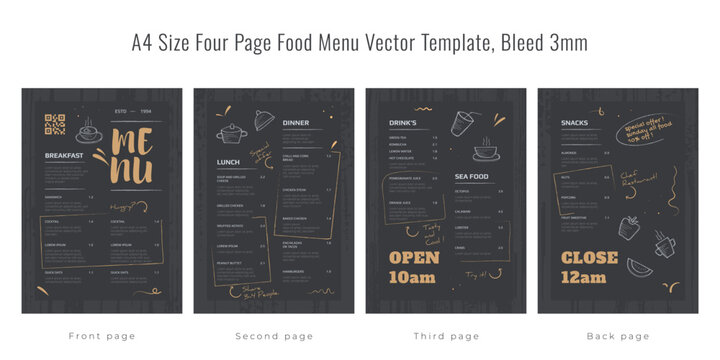 Restaurant cafe menu, template design, A4 size four page food menu template, bleed 3mm