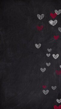 heart doodles chalk on blackboard vertical social media story 4k animation ,hearts scribble on blackboard love and valentine design element