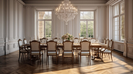 an elegant dining room with a wooden table and chairs and a buffet and a crystal chandelier