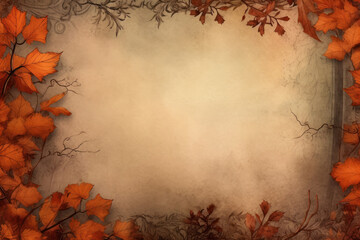 Naklejka na ściany i meble Autumn Leaves Border on Vintage Background. A warm and inviting vintage paper texture bordered by vibrant autumn leaves and berries, ideal for seasonal designs