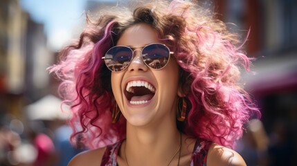 Obraz premium Cheerful Brazilian Woman Laughing Dancing Street, Bright Background, Background Hd