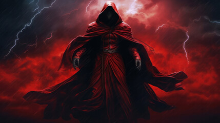 A cloaked figure stands enshrouded in a swirling red mist, with dramatic lightning striking in the background. The image exudes a sense of foreboding and mystique. - obrazy, fototapety, plakaty