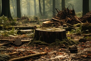 .multiple tree stumps are left in the forest.