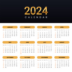 2024 gold calendar. Twelve months on one page. The week begins with Sunday. Vector template