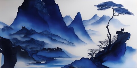 Mountains landscape. Ink asian style painting. AI generaed illustration