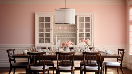 an elegant dining room with pale pink walls and white curtains and a dark wood table Six chairs are arranged around the table and a large chandelier hangs from the ceiling