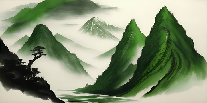 Mountains landscape. Ink asian style painting. AI generaed illustration
