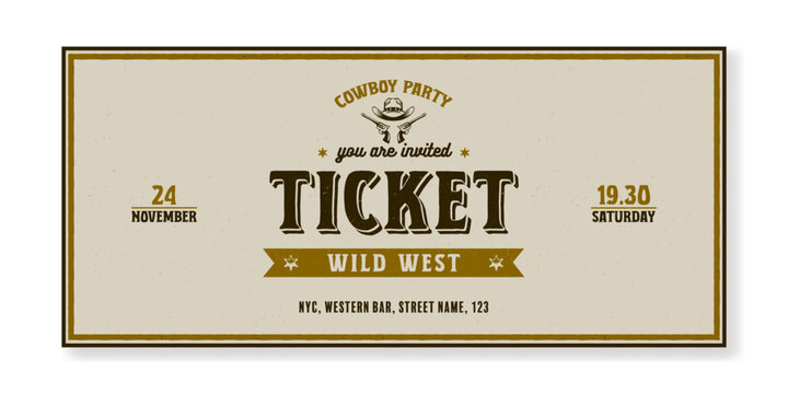 Vintage event ticket template on a light background. For cinemas, parties, clubs, concerts and other retro events. Vector, printable. Just add your text.