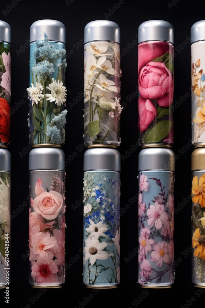 Poster a group of tins with different types of flowers. this versatile image can be used to add a touch of 