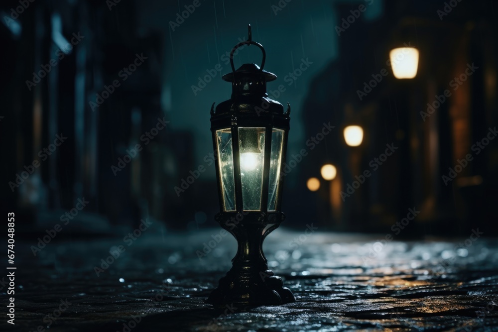 Poster A picture of a street light casting a glow on a wet sidewalk at night. This image can be used to depict a rainy cityscape or to create a moody atmosphere in design projects.