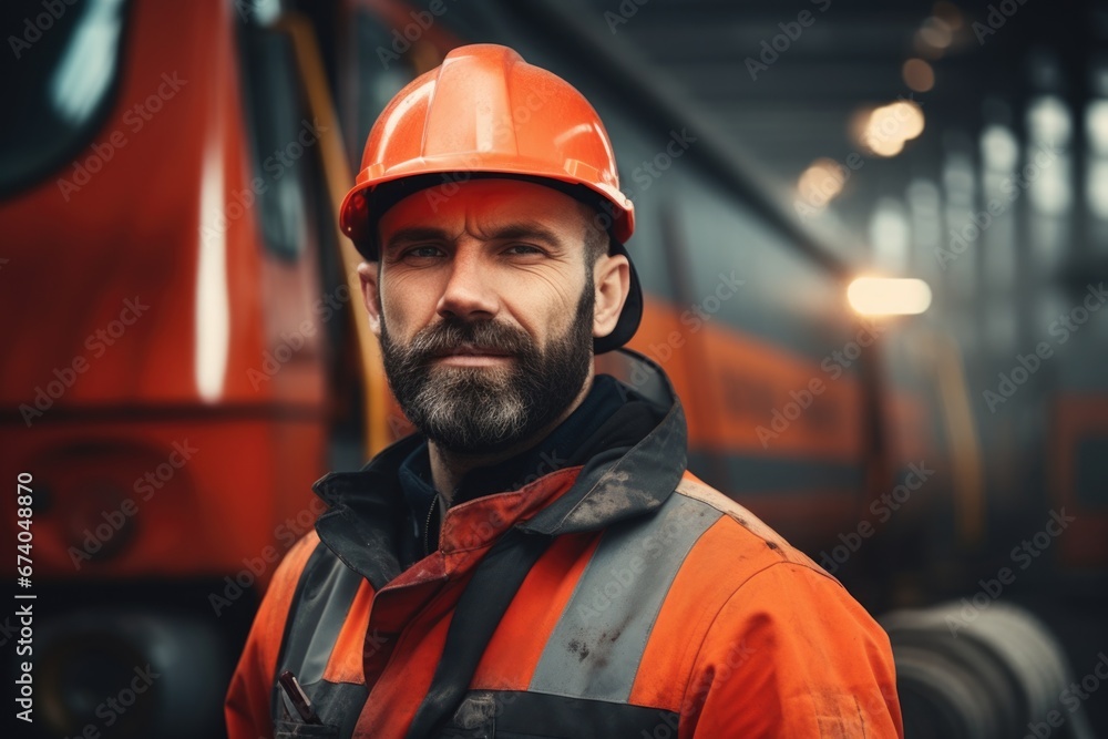 Poster a picture of a man wearing a hard hat and an orange jacket. this image can be used to depict a const