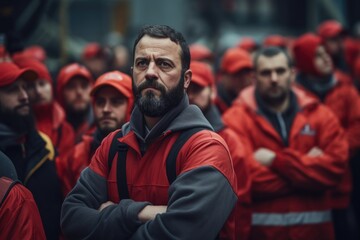 Fototapeta premium A man with a beard confidently stands in front of a group of workers. This image can be used to represent leadership, teamwork, and collaboration in various industries.
