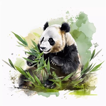 watercolor painting of a panda bear eating bamboo 