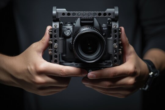 A person holding a camera in their hands. This image can be used for photography, technology, or creativity-related projects.