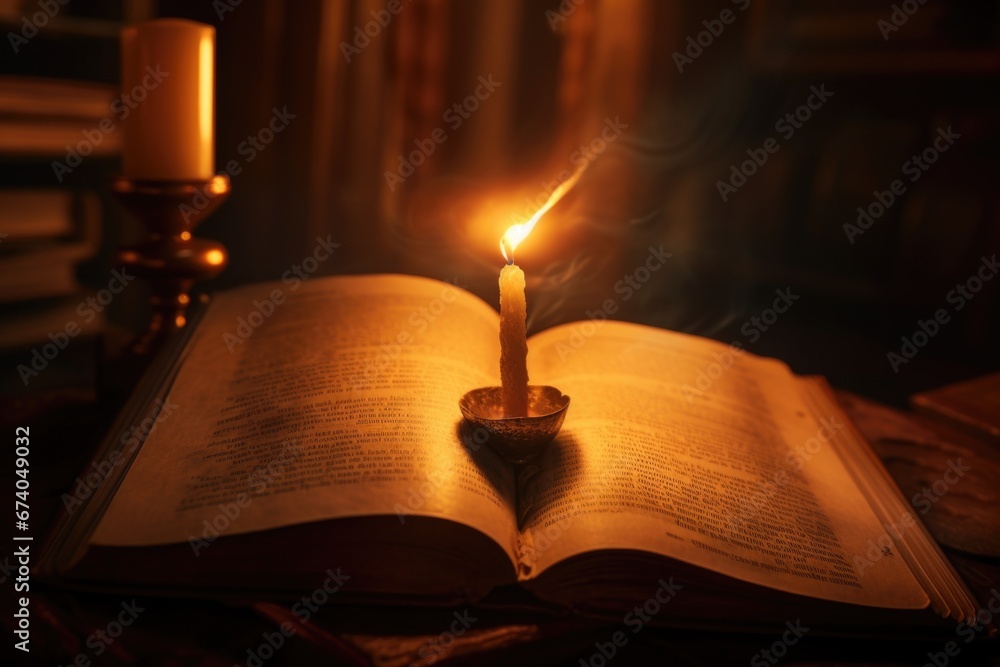 Aufkleber an open book with a lit candle on top, creating a warm and cozy atmosphere. perfect for illustrating