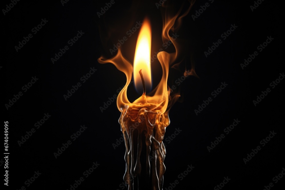 Poster a lit candle with flames on a black background. suitable for adding warmth and ambiance to any proje