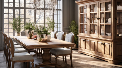 Fototapeta premium an elegant dining room with a wooden table and chairs and a buffet and a crystal chandelier