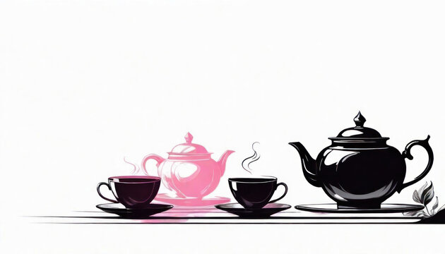 Beautiful teatime illustration with teapot and teacups isolated on white with copy space