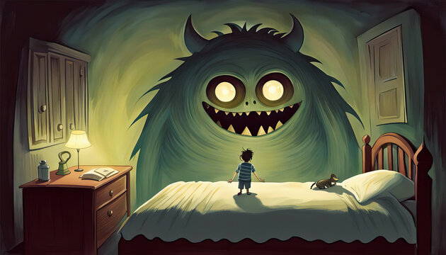The monster from under the bed scares a little child art illustration
