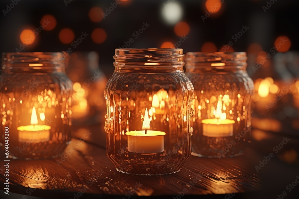 Poster A group of mason jars filled with lit candles, creating a warm and cozy ambiance. Perfect for adding a touch of romance or creating a rustic atmosphere.
