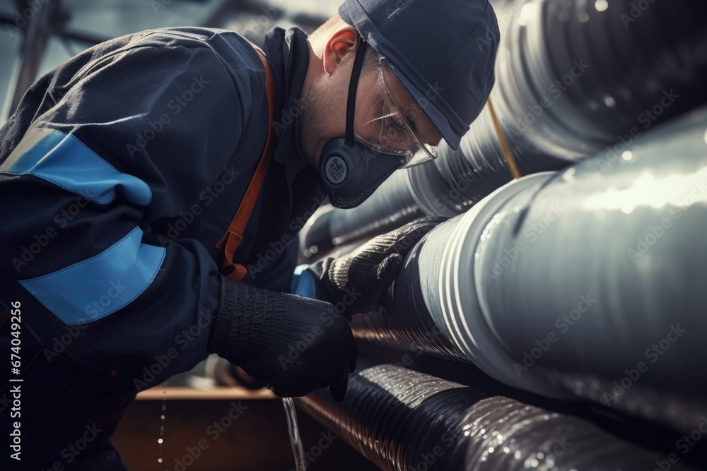 Poster a man is seen working on pipes in a factory. this image can be used to showcase industrial work or t