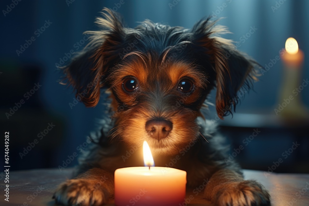 Poster a small dog is sitting next to a lit candle. this image can be used to depict warmth, coziness, or r